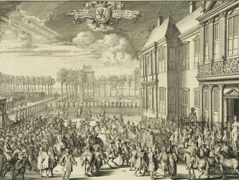Arrival of William III at Honselaarsdijk Palace, 1691, Aenkomst van SK Maj. op Honslerdyk, Arrivée de Sa Majesté a Honslerdyk, print, book illustration, Arrival of Stadtholder-King William III at Honselaarsdijk Palace, February 1691. Soldiers and carriages in front of the palace. The king is welcomed at the palace., printmaker: Romeyn de Hooghe, Northern Netherlands, paper, etching, height 337 mm x width 447 mm, Print also used in: Bidloo, Govard. Komste van zyne majesteit Willem III. Koning van Groot Britanje, enz. in Holland, ofte omstandelyke beschryving van alles, (…) vercierd met kopere platenen. The Hague: Arnoud Leers, 1691., Person, William III (Prince of Orange and King of England, Scotland, and Ireland), Entry of William III into The Hague (1691), Honselersdijk, Honselersdijk Palace, Period, 1691-05, A detailed engraved scene shows a crowded courtyard and street beside a large classical building with tall windows, columns, decorative balcony railings, and statues; many figure...