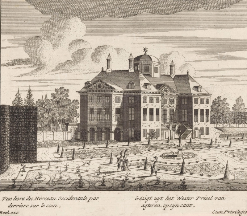 View of the side and back of Huis ten Bosch, Gesigt uyt het wester prieel van agteren, op syn cant, Vue hors du berceau occidentale par derriere sur le coin, print, View of the side and back of Huis ten Bosch and part of the gardens, seen from the western gazebo., printmaker, publisher, grantor of privilege, The Hague, paper, etching, height 169 mm x width 192 mm, palace, French or architectural garden, formal garden, Paleis Huis ten Bosch, A detailed ink engraving shows a large classical building with multiple stories, arched openings at ground level, rows of shuttered windows, pitched roofs with dormers, a central dome topped by a decorative finial, and small chimney-like towers; in front of the building is a formal garden with patterned parterres, low cone-shaped topiaries, paths, and sculptural elements, and several small human figures walk or stand within the garden; trees and hedges frame the sides and background, and the sky above is filled with large, hatched clouds and horizon...