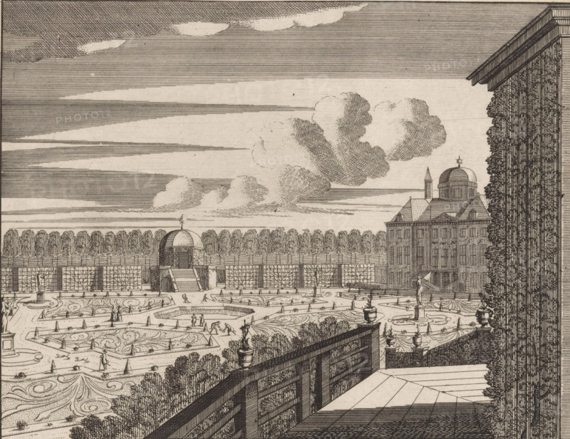 View of a part of the gardens of Huis ten Bosch, Gesigt uyt het oosterse cabinet van boven en over de tuyn, Vue hors du cabinet orientale d'en haut dans le iardin, print, seen from the eastern green cabinet. In the background, left of center, the western green cabinet., printmaker, publisher, grantor of privilege, The Hague, paper, etching, height 166 mm x width 191 mm, garden buildings, palace, French or architectural garden, formal garden, Paleis Huis ten Bosch, A detailed etching of a formal garden seen from a raised terrace, with a wooden balustrade and tiled terrace floor in the foreground, ornate parterres with swirling patterns and low planted hedges below, several small figures walking and working in the garden, a central fountain and symmetrical pathways, a domed pavilion reached by steps and flanked by clipped hedges and trellis panels, a large classical building with a domed roof and chimneys at the garden edge, rows of tall trees forming a distant boundary, cloud formations...