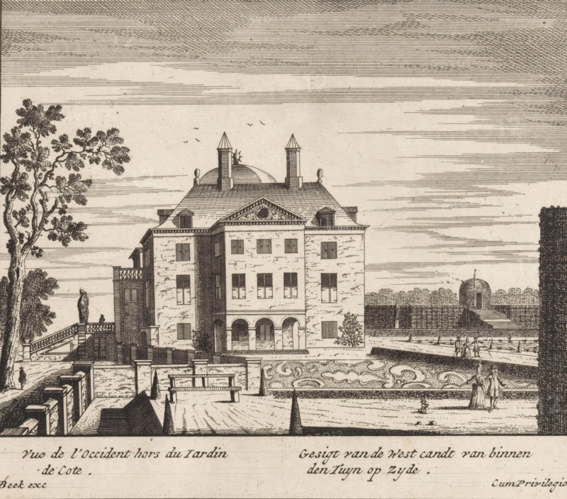 View of the west side of the garden on the side, View of the west side of Huis ten Bosch, print, View of the west side and part of the gardens of Huis ten Bosch., printmaker, publisher, grantor of privilege, The Hague, paper, etching, height 168 mm x width 193 mm, palace, French or architectural garden, formal garden, Paleis Huis ten Bosch, A detailed etching of a large multi-story building with a central pediment and arched openings at ground level, flanked by chimneys and a domed roof element with small decorative finials, set within formal gardens with patterned parterres and low walls; figures in period dress appear on pathways and terraces, one standing on a balustraded staircase beside a statue, others walking near the garden beds; a tall tree rises at the left edge and a clipped hedge or tall topiary stands at the right edge; the sky is rendered with horizontal engraved lines and a few small birds are visible above the roof.