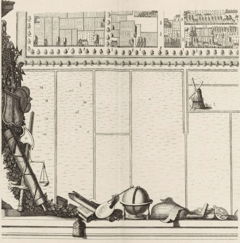 Plan of the figurative map of The Hague (tenth part), Map of The Hague (tenth part), area plan, print, Tenth part of a map of The Hague. Along the left and bottom a garland of leaves, coats of arms and objects referring to the fine arts. Numbered bottom right: 10., check stamp: 'Archief Ministerie van Oorlog Afdeeling Genie', printmaker: Cornelis Elandts, The Hague, publisher: Nicolaes Visscher (II), Amsterdam, grantor of privilege: States of Holland and West Friesland, dedicated to: William III (Prince of Orange and King of England, Scotland, and Ireland), 1665 - 1667, 1681 - 1682, William III (Prince of Orange and King of England, printmaker, publisher, surveyor, cartographer, grantor of privilege, paper, etching, height 548 mm x width 651 mm, maps of cities, A detailed black and white engraved scene shows the upper portion of a map with a row of densely drawn houses and garden plots along a street lined with evenly spaced trees, a canal or river with tree-lined embankments below, an...