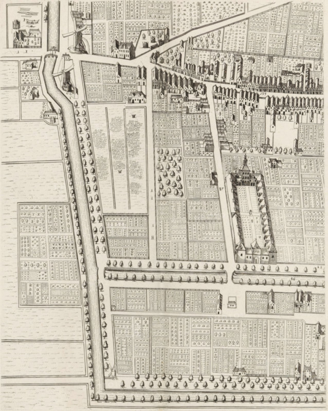 Plan of the figurative map of The Hague (fifth part), Plan of The Hague (fifth part), area plan, print, Fifth part of a plan of The Hague. Numbered top left: 5., check stamp: 'Archief Ministerie van Oorlog Afdeeling Genie', printmaker: Cornelis Elandts, The Hague, publisher: Nicolaes Visscher (II), Amsterdam, grantor of privilege: States of Holland and West Friesland, dedicated to: William III (Prince of Orange and King of England, Scotland, and Ireland), 1665 - 1667, 1681 - 1682, William III (Prince of Orange and King of England, printmaker, publisher, surveyor, cartographer, grantor of privilege, paper, etching, height 548 mm x width 651 mm, maps of cities, A detailed monochrome bird’s-eye view of an urban area with rectilinear plots and narrow streets, showing rows of small buildings with gabled roofs clustered along linear roads and canals, a large enclosed complex with towers and a central long hall, scattered standalone houses and farm structures, numerous small rectangular garde...