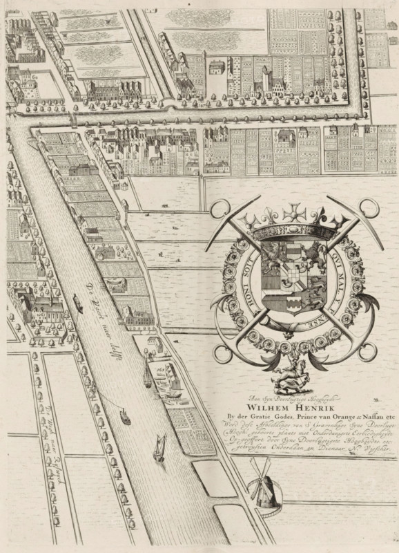 Plan of the figurative map of The Hague (twelfth part), Plan of The Hague (twelfth part), area plan, print, Twelfth part of a plan of The Hague. On the right the coat of arms of and the dedication to William III. Around the coat of arms anchors and below the coat of arms George slaying the dragon. Numbered bottom right: 12., check stamp: 'Archief Ministerie van Oorlog Afdeeling Genie', printmaker: Cornelis Elandts, The Hague, publisher: Nicolaes Visscher (II), Amsterdam, grantor of privilege: States of Holland and West Friesland, dedicated to: William III (Prince of Orange and King of England, Scotland, and Ireland), 1665 - 1667, 1681 - 1682, William III (Prince of Orange and King of England, printmaker, publisher, surveyor, cartographer, grantor of privilege, paper, etching, height 548 mm x width 651 mm, armorial bearing, heraldry, maps of cities, A detailed black and white engraved map fragment showing a winding river with small boats and ships, lined by narrow streets and rows of re...