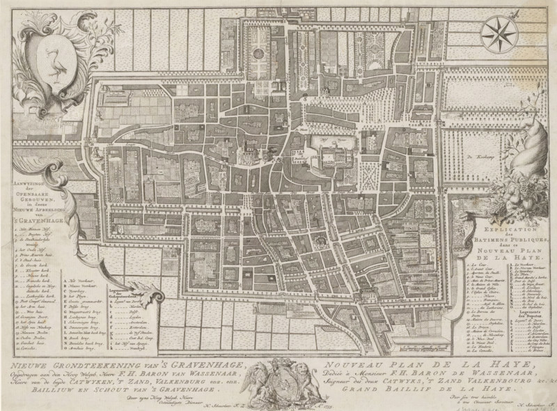 New ground plan of The Hague, Nouveau plan de La Haye, Map of The Hague, area plan, print, Map with buildings in bird's-eye perspective. Top left the coat of arms of The Hague, below that a Dutch legend 1-22, AO and ak. On the right a French legend 1-22, AO and ak. To the left of that a scale bar: Scale of sixty Rhineland rods. Below the map the title and dedication in Dutch and French, with the coat of arms of Frederik Hendrik baron van Wassenaer in the middle., printmaker: Iven Besoet (possibly), The Hague, publisher: Hendrik Florisz Scheurleer, dedicated by: Hendrik Florisz Scheurleer, dedicated to: Frederik Hendrik baron van Wassenaer, 1755, Iven Besoet, Hendrik Florisz Scheurleer, Frederik Hendrik baron van Wassenaer, printmaker, publisher, paper, engraving, etching, height 318 mm x width 425 mm, armorial bearing, heraldry, coat of arms (as symbol of the state, etc.) (city, municipal), maps of cities, A detailed monochrome engraved map showing a city layout with a network of stree...