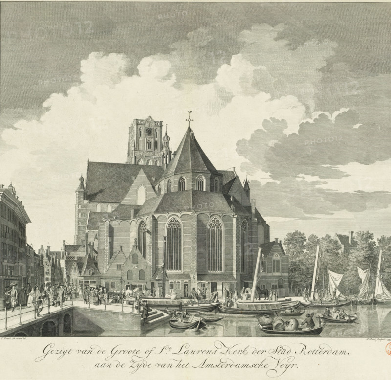View of the Great or St. Lawrence Church in Rotterdam, View of the Great or St. Lawrence Church of the city of Rotterdam, on the side of the Amsterdam Veyr, print, View of the back of the Great or St. Lawrence Church in Rotterdam, seen from the Binnenrotte., printmaker: Jan Punt, Amsterdam, after drawing by Cornelis Pronk, 1753, paper, etching, engraving, height 370 mm x width 425 mm, A detailed monochrome engraving shows a large Gothic church with tall pointed roofs, arched windows, buttresses, and a tower rising behind it, occupying the central area of the scene; a busy canal in the foreground contains several small boats and barges with people aboard and large spherical cargo, while a stone quay with steps meets the water; numerous figures crowd the quay and bridge, some walking, some conversing, and some loading or unloading goods; rows of narrow multi-story buildings line the left side of the image, and trees and additional houses appear to the right behind the church; the sky abo...