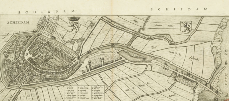 Schiedam, Map and description of Schiedam, area plan, print, Map in bird's-eye perspective and part of the description of the city of Schiedam from Blaeu's 'Toonneel der steden van de Vereenighde Nederlanden'. Above the map with the title in the upper left, the coat of arms of Holland to the right of it, and the coat of arms of Schiedam in the upper right. Below, left of the center, the legend 1-24 and the scale bar: 720 Pedes geometrici. Below the map and on the verso, Dutch text., printmaker, publisher, Amsterdam, paper, etching, engraving, letterpress printing, etching and engraving, with text in letterpress on recto and verso, height 195 mm x width 502 mm, height 515 mm x width 610 mm, Print used in: Blaeu, Johannes Willemszoon. Toonneel der steden van de Vereenighde Nederlanden. 2 volumes. Amsterdam: Johannes Willemszoon Blaeu, 1652, vol. 1., coat of arms (as symbol of the state, etc.) (city, municipal), etc.) (province, provincial), maps of cities, A sepia-toned engraved bird’s-e...