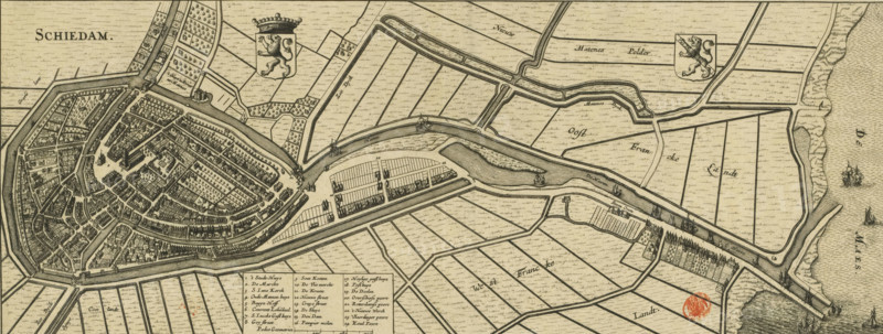 Map of Schiedam, Schiedam, area plan, print, Map in bird's-eye perspective. Top left the title, to the right of that the coat of arms of Holland and top right the coat of arms of Schiedam. Bottom left of center the legend 1-24 and the scale bar: 720 Pedes geometrici., printmaker, Johannes Janssonius, Johannes Janssonius van Waesberge (II), Willem de Jonge, paper, etching, engraving, height 195 mm x width 508 mm, An antique map rendered in sepia tones shows a fortified town with concentric streets, dense clusters of buildings, and canals surrounded by a ring of walls and bastions, adjacent expanses of parcelled fields and straight waterways, small sails and larger ships depicted in the open water at the edge, decorative shields with crowned lions placed over the countryside, a waterfront area with docks and elongated rectangular plots, tree-lined lanes and scattered groves, a boxed legend area with small columns of entries, and a circular red wax-like stamp near the lower right.