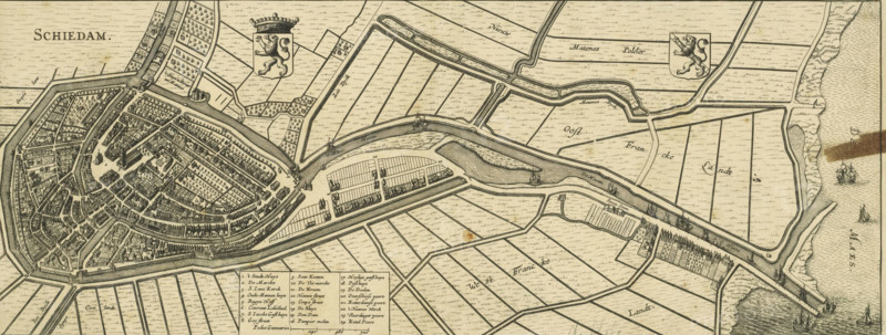 Schiedam, Map of Schiedam, area plan, print, Map in bird's-eye view perspective. Top left the title, to the right of that the coat of arms of Holland and top right the coat of arms of Schiedam. Bottom left of center the legend 1-24 and the scale bar: 720 Pedes geometrici., printmaker, Johannes Janssonius, Johannes Janssonius van Waesberge (II), paper, etching, engraving, height 202 mm, width 514 mm, An aged, detailed map view rendered in sepia tones shows a fortified town with concentric streets and densely packed buildings surrounded by walls and canals, with bridges crossing water channels and ships visible in surrounding waters; adjacent areas display parcelled fields divided by straight ditches, linear roads, and scattered small structures, while decorative heraldic shields and small windmills appear in some open spaces, and a boxed legend occupies a panel at the bottom.