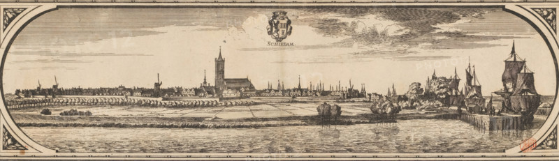 Rotterodamum Hollandiae urbs celeberrima et situ portibusque mercaturae opportunissima. Ao. 1665 (Maas map), View of Schiedam, Schiedam, print, View of Schiedam seen from the water. In the center the St. John's Church. On the right several sailing ships. At the top center the city coat of arms and the title., printmaker: Joost van Geel, Rotterdam, after design by Joost van Geel, publisher: Jacob Quack (possibly), publisher: Jan Houwens (I) (possibly), supervision: Jacob Quack, 1666 - 1698, Joost van Geel, Jacob Quack, Jan Houwens (I), printmaker, supervision, paper, etching, height 167 mm x width 569 mm, A wide horizontal sepia-toned engraving shows a riverside scene with a calm body of water in the foreground reflecting rippled lines, a grassy and marshy strip with low vegetation behind it, and a flat expanse of divided fields leading to a long town skyline in the middle distance. The town silhouette features closely spaced gabled houses, a variety of church towers and steeples includ...