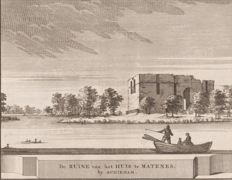 View of the ruins of Huis te Riviere in Schiedam, The ruins of the house at Matenes by Schiedam, print, book illustration, View of the ruins of Huis te Riviere, also called Huis Mathenesse, in Schiedam., printmaker: Jacobus Schijnvoet, Amsterdam, after drawing by Roelant Roghman (possibly), 1711 - 1774, paper, etching, engraving, height 141 mm x width 181 mm, Print also used in: Smids, Ludolf. Schatkamer der Nederlandse oudheden, of woordenboek, behelsende Nederlands steden en dorpen, kasteelen, sloten en heeren huysen (…). Amsterdam: Pieter de Coup, 1711, between p. 224 and 225. It is also possible that this print comes from the second (1737) or third (1774) edition, or from an edition containing only the prints: Nederlandsche oudheden, bestaan in zeskelijk verbeeldingen, gelegen in Holland, 't Sticht van Utrecht en Gelderland enz. Amsterdam: Hendrik Bosch, 1721., ruin of a dwelling, house, castle, Schiedam, Huis te Riviere, A wide horizontal scene rendered in fine dark lines on a lig...