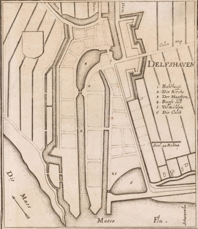 Fortress map of Delfshaven, Delfshaven, area plan, print, Top left an empty coat of arms. Right the title with a German legend 1-6 and a scale bar below it: Scal. 40 Ruhten., printmaker: Caspar Merian, Frankfurt am Main, after design by Johann Merck, 1654 - c. 1700, Hessen, paper, etching, height 181 mm, width 157 mm, Print used in: Zeiller, Martin. MZ Topographia Germaniae-Inferioris vel Circuli-Burgundici, 1659. Or in one of the two later editions of this publication which, although the year 1659 is mentioned therein as the year of publication, were published in ca. 1670 and ca. 1700 respectively., maps of cities, fortified city, Schiedam, A sepia-toned map fragment showing waterways, peninsulas, and fortified walls rendered with fine black lines and dashed parcel outlines, featuring curved and straight channels with textured hatch shading, angular bastion shapes, narrow docks, and elongated islands; rectangular plots and grid-like field patterns flank the waterways, and small buildi...