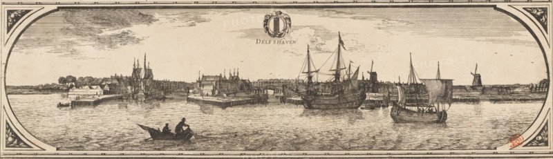 Delfshaven, View of Delfshaven, Rotterodamum Hollandiae urbs celeberrima et situ portibusque mercaturae opportunissima. Ao. 1665 (Maas map), print, View of Delfshaven seen from the Nieuwe Maas. In the water a fishing boat and several sailing ships. At the top center the coat of arms of Delft (to which Delfshaven belonged at the time) and the title., printmaker: Joost van Geel, Rotterdam, publisher: Jacob Quack (possibly), publisher: Jan Houwens (I) (possibly), 1666 - 1698, paper, etching, height 167 mm x width 570 mm, A wide riverscape engraving framed by decorative corner borders shows a waterfront town with clustered buildings and church spires along the shore, piers and quay structures extending into the water, and several sailing vessels moored or under sail in the harbor; in the foreground a small rowboat with two seated figures is visible on the rippled water, while larger ships with masts, rigging, and furled or raised sails occupy the middle distance, and windmills and low tree...