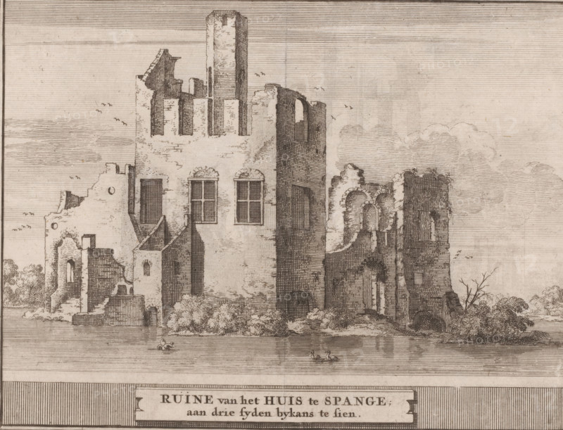 Ruins of the House at Spange, almost visible from three sides, View of the ruins of Spangen Castle in Overschie, print, book illustration, destroyed in 1572. The castle was named after the small river Spangen., printmaker: Jacobus Schijnvoet, Amsterdam, after drawing by Roelant Roghman (possibly), 1711 - 1774, paper, etching, height 140 mm x width 179 mm, Print also used in: Smids, Ludolf. Schatkamer der Nederlandse oudheden, of woordenboek, behelsende Nederlands steden en dorpen, kasteelen, sloten en heeren huysen (…). Amsterdam: Pieter de Coup, 1711, between pp. 316 and 317. It is also possible that this print comes from the second (1737) or third (1774) edition, or from an edition containing only the prints: Nederlandsche oudheden, bestaan in zeskelijk verbeeldingen, gelegen in Holland, 't Sticht van Utrecht en Gelderland enz. Amsterdam: Hendrik Bosch, 1721., ruin of a dwelling, house, castle, Rotterdam, Overschie, Kasteel Spangen, An ink drawing of a crumbling stone structure with ...