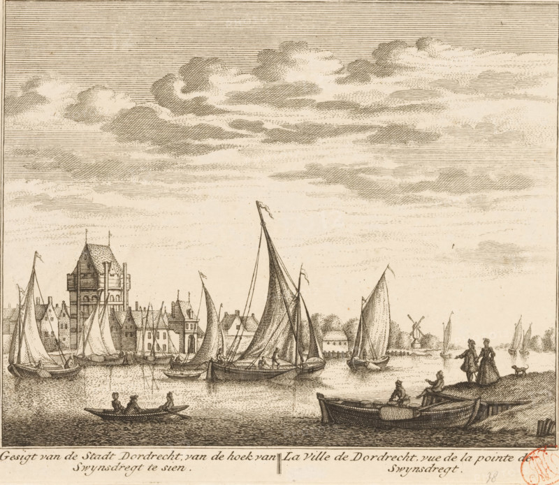 View of the city of Dordrecht, seen from the corner of Swynsdregt, La ville de Dordrecht, vue de la pointe de Swynsdregt, View of Dordrecht, print, seen from the corner near Zwijndrecht., printmaker: Leonard Schenk, Amsterdam, after drawing by Abraham Rademaker, 1736, paper, etching, height 170 mm x width 201 mm, rowing-boat, canoe, sailing-ship, sailing-boat, prospect of city, town panorama, silhouette of city, Dordrecht, IJsselmonde, Zwijndrecht (South Holland), A detailed sepia-toned etching showing a waterfront scene with many sailing vessels of various sizes anchored and sailing near a shoreline lined with tall narrow buildings and a multi-story tower. The sails are furled or partially raised, with masts and rigging visible, and small rowboats with seated figures moving on the water. Two figures stand on a shoreline slope with a dog nearby, while other small groups of people occupy boats and the quay. A windmill appears in the distance among trees, and the sky is filled with layer...