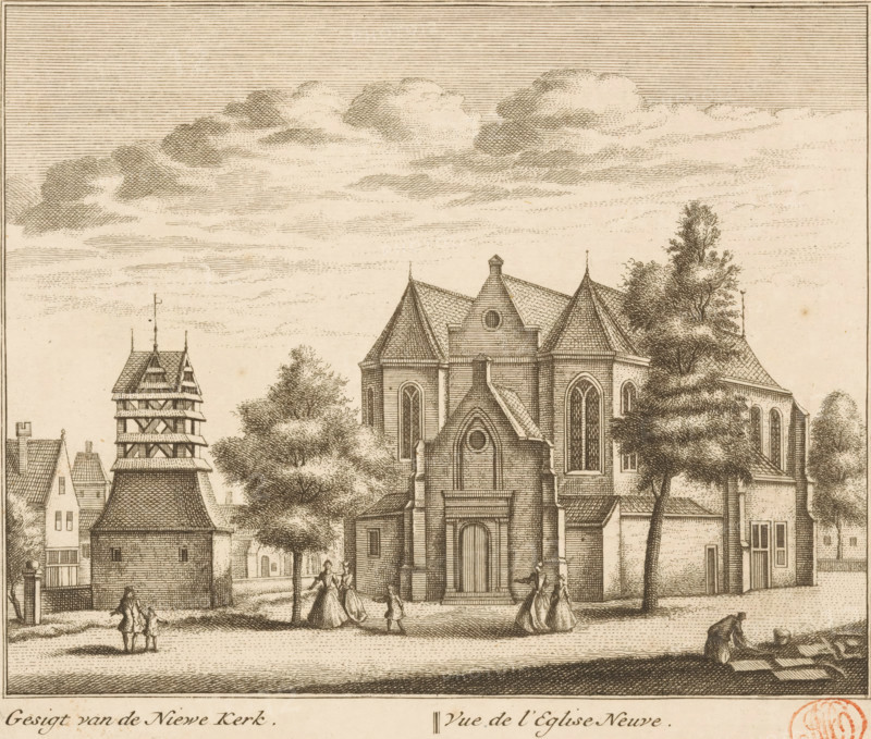View of the New Church, View of the New Church in Dordrecht, print, View of the New Church in Dordrecht with a number of figures in the foreground., printmaker: Leonard Schenk, Amsterdam, after drawing by Abraham Rademaker, 1736, paper, etching, engraving, height 171 mm x width 200 mm, church (exterior), Dordrecht, Nieuwkerk, A detailed sepia-toned engraving of a town scene shows a large stone church with pointed roofs, arched windows, and a central entrance with a rounded top, flanked by trees with detailed foliage; to the left a multi-tiered tower with a patterned roof and small windows rises above nearby buildings; figures in period dress walk or stand in the foreground, including pairs of women in long gowns and men in coats, and a person sitting on the ground near a checkerboard-like cloth; the sky overhead is filled with finely hatched clouds and horizontal line shading.