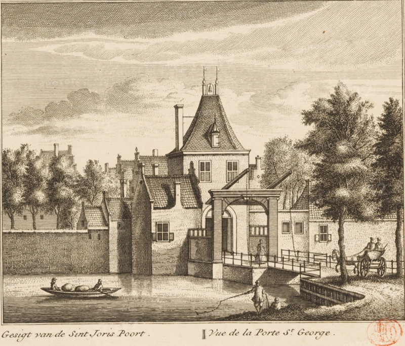 View of the St. George's Gate in Dordrecht, Gesigt van de Sint Joris Poort, Vue de la Porte St. George, print, with the St. George's Bridge in front of it., printmaker: Leonard Schenk, Amsterdam, after drawing by Abraham Rademaker, 1736, paper, etching, height 170 mm, width 202 mm, city-gate, bridge in city across river, canal, etc. (city(-scape) with figures, staffage), Dordrecht, Sint-Jorispoort (Dordrecht), A detailed sepia-toned engraving shows a riverside scene with a central gated building featuring an arched entrance, a bridge leading to the entrance, and a tall roofed tower with a small dormer and decorative finials at its peak; several adjoining buildings with steep tiled roofs and chimneys cluster around the main structure, and a high brick wall extends along the water; trees with dense foliage frame both sides of the composition, and small human figures appear engaged in activities: one figure stands on the bridge, two people ride in a horse-drawn carriage near the right edg...