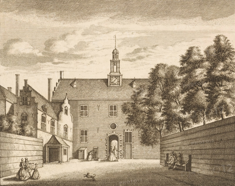 View of the St. George's Doelen in Dordrecht, Gesigt van de Doelen, Vue du Doele, print, with a number of figures in front., printmaker: Leonard Schenk, Amsterdam, after drawing by Abraham Rademaker, publisher: Leonard Schenk (possibly), 1736, Leonard Schenk, Abraham Rademaker, printmaker, after drawing by, publisher, paper, etching, engraving, height 169 mm x width 199 mm, exterior, representation of a building, Dordrecht, Sint-Jorisdoelen (Dordrecht), A sepia-toned engraving showing the facade of a large building with a tiled roof and a central tower topped by a small dome and slender spire, the tower containing a clock face; dormer windows and chimneys rise from adjoining roofs. In front of the building is a courtyard bordered by high walls, with a doorway set into the building through which several small figures are visible; a few figures stand or sit in the courtyard wearing long dresses and coats, and a small dog is on the ground. Trees with dense foliage flank one side of the co...