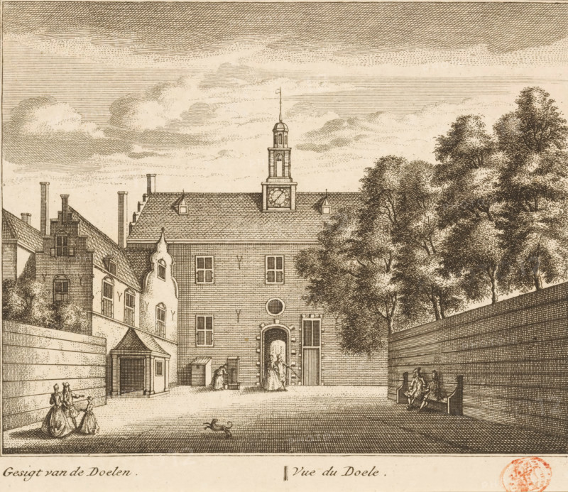 View of the Militia Targets where the Synod was held in the years 1618 and 1619, View of the Targets, where the Synod was held in 1618 and 1619, View of the Musketeers' Targets in Dordrecht where the National Synod was held in 1618-1619, print, historical print, View of the Musketeers' Targets in Dordrecht where the National Synod was held in 1618-1619 (Synod of Dordrecht). In the foreground a stall and a few passers-by., printmaker: Leonard Schenk, Amsterdam, after drawing by Abraham Rademaker, 1736, paper, etching, engraving, height 171 mm, width 201 mm, exterior, representation of a building, Synod of Dordrecht, Dordrecht, Kloveniersdoelen (Dordrecht), Period, 1618 - 1619, A sepia-toned engraving shows a courtyard framed by tall brick buildings and a high wall, with a central building featuring a steep tiled roof, a cupola with a flagpole, and a small clock face near the roofline; windows of various shapes and a round window surround a central arched doorway through which figures ar...