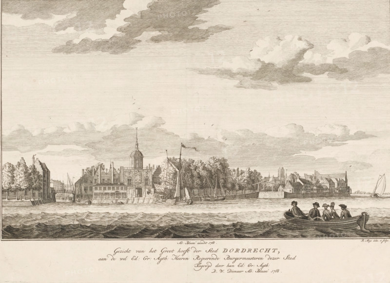 View of the Groothoofd in Dordrecht, View of the Groothoofd of the city of Dordrecht, print, with the Groothoofd Gate to the left of the center. Marked top right: C., printmaker: Robbert Muys, Rotterdam, publisher: Abraham Blussé, Dordrecht, dedicated to: Mayors of Dordrecht, 1768, paper, etching, engraving, height 298 mm x width 414 mm, rowing-boat, canoe, sailing-ship, sailing-boat, prospect of city, town panorama, silhouette of city, bridge in city across river, canal, city-gate, Groothoofdspoort, A wide riverside scene rendered in fine line work shows a waterfront town with a row of buildings along the shore, including structures with gabled roofs and a central building topped by a domed tower and a spire. Trees rise behind parts of the quay and several sailing vessels and small boats are moored or anchored near the shore, their masts and rigging visible and one flag flying from a mast. In the foreground choppy water fills the lower portion of the image, and a small rowboat with pe...