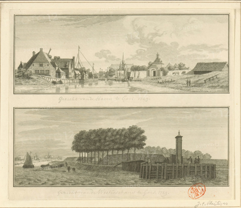 View of Goes, 1743, View of the harbor and Westerschans in Goes, print, Above a view of Goes, seen from the harbor. Below a view of the harbor and Westerschans in Goes. In the situation around 1743., printmaker: Jan Caspar Philips, Amsterdam, after drawing by Cornelis Pronk, 1743 - 1753, paper, etching, proof print, height 175 mm x width 207 mm, A vertically oriented sheet contains two rectangular engraved landscape scenes stacked with borders, the top scene showing a riverside town with houses and boats along a waterfront, masts and rigging rising above buildings, an arched gateway structure and a sloped embankment with grazing animals and two small standing figures on the right, and the lower scene depicting a shoreline with a line of tall trees on a raised bank, small boats at the water’s edge, figures on the shore and on a wooden pier, a square tower near the pier, and textured water in the foreground; a circular red stamp overlaps the lower right border area of the lower scene.