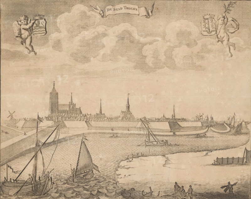 View of Tholen, The City of Tholen, print, book illustration, seen from the water. Top left a putto with the coat of arms of Zeeland, in the middle a banner with the title and top right a putto with the coat of arms of Tholen., printmaker, Pieter van der Aa (I), Christiaan Vermey, paper, etching, height 279 mm x width 343 mm, Current state of print also used in: Heussen, 1722. And in: Aa, Pieter van der. The Agreable Gallery of the World, 1728, vol. 22. Earlier state of print (numbered top right) also used in: Smallegange, Mattheus. Nieuwe Cronyk van Zeeland (…). Middelburg and Amsterdam: Johannes Meertens and Abraham van Someren, 1696., prospect of city, town panorama, silhouette of city, coat of arms (as symbol of the state, etc.) (city, municipal), etc.) (province, provincial), Tholen (city), A wide sepia-toned engraving showing a waterfront scene with several sailing vessels in choppy water in the foreground, a curved sandy shoreline with figures standing and sitting near the edge,...