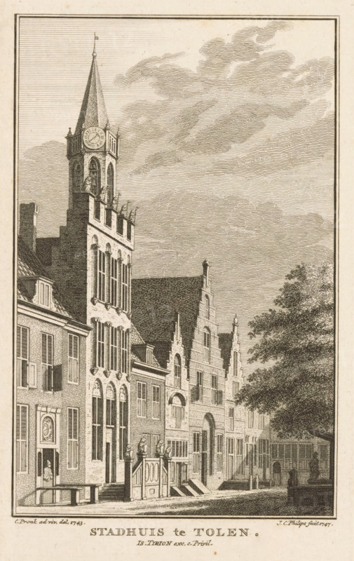 Town Hall in Tholen, View of the Town Hall of Tholen, 1743, print, book illustration, in the situation around 1743., printmaker: Jan Caspar Philips, Amsterdam, after drawing by Cornelis Pronk, publisher: Isaak Tirion, grantor of privilege: States of Holland and West Friesland, 1747 - 1760, paper, etching, height 176 mm x width 111 mm, A vertical ink engraving of a row of historic buildings along a street, dominated by a tall clock tower with a steep spire and an arched belfry, flanked by multi-story brick facades featuring large arched and rectangular windows, decorative gables, and stepped rooflines. Stone steps lead up to raised entrances with balustrades and carved newel posts, and small figures stand on or near the steps and in doorways. To the right, a large leafy tree extends into the composition, and a low wall or fence separates a shadowed area with more figures. The sky is filled with finely hatched clouds, and the whole scene is bordered by a rectangular frame.