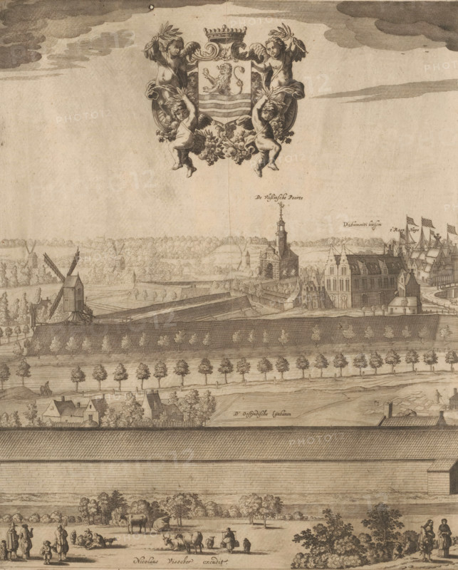 View of Middelburg (first part), Middelburgum, urbs Comitatus Zelandiae primaria, mercatura et navigatione emporium celeberrimum, print, First part of a view of Middelburg., check stamp: 'Archive of the Ministry of War, Engineering Division', printmaker: François Schillemans, Middelburg, printmaker: Pieter Hendricksz. Schut, Amsterdam, publisher: Nicolaes Visscher (I), 1616, 1652 - 1679, paper, etching, engraving, height 419 mm x width 344 mm, windmill, prospect of city, town panorama, silhouette of city, city-walls, city-gate, coat of arms (as symbol of the state, etc.) (province, provincial), ammunition store, arsenal, prison, jail, A detailed monochrome engraving shows a panoramic scene with a large decorative coat of arms near the top center, supported and surrounded by four cherubic figures and floral ornament, clouds above it and a wide expanse of sky around it. Below, a fortified townscape occupies the middle ground with buildings of varied architectural styles, a prominent chur...