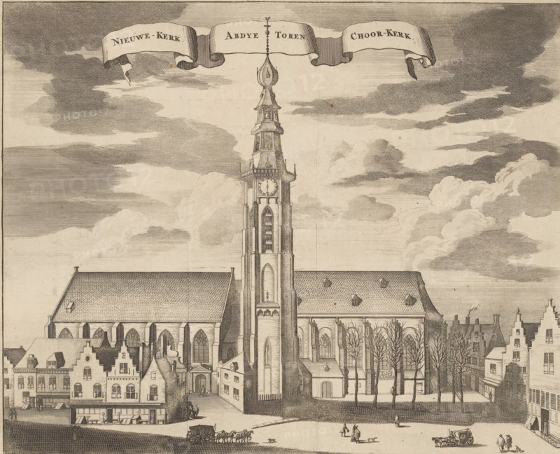 Nieuwe-Kerk. Abdye Toren. Choor-Kerk., View of the Nieuwe Kerk, Lange Jan and Koorkerk in Middelburg, print, book illustration, On the left the Nieuwe Kerk, in the middle the Lange Jan (Abbey Tower) and on the right the Koorkerk in Middelburg. At the top center a banner with the title. Above that numbered: Pag. Pars. VI., printmaker, Pieter van der Aa (I), Christiaan Vermey, paper, etching, engraving, height 276 mm x width 338 mm, Current state of print also used in: Heussen, 1722, vol. 1. And in: Aa, Pieter van der. La galerie agreable du monde, 1728, vol. 20. Earlier state of print (numbered top right) also used in: Smallegange, Mattheus. Nieuwe Cronyk van Zeeland (…). Middelburg and Amsterdam: Johannes Meertens and Abraham van Someren, 1696. There may be another state of this print that appeared between the two mentioned states in an unknown publication., church (exterior), parts of church exterior and annexes: tower, Middelburg, Lange Jan, Koorkerk, Nieuwe Kerk (Middelburg), A deta...