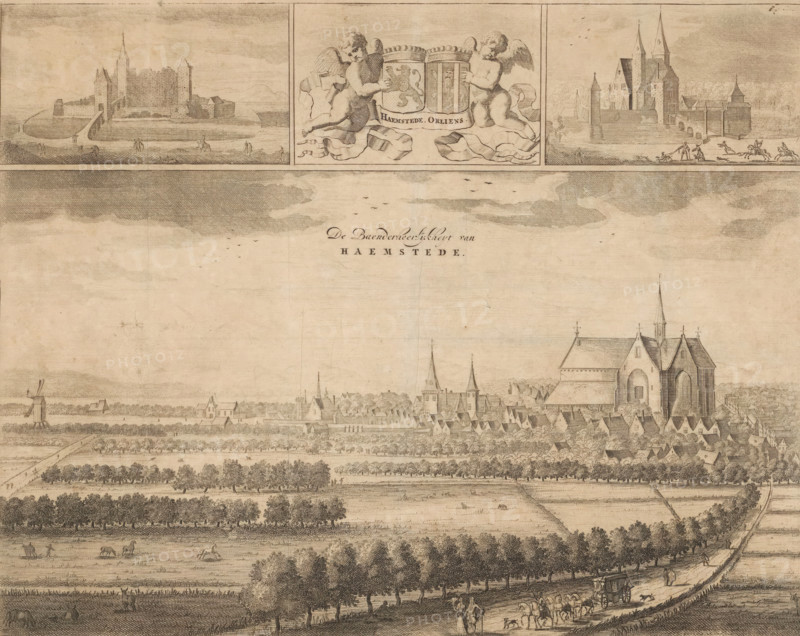 The Baenderheerlykheyt van Haemstede, View of Haamstede, print, book illustration, View of the Baenderheerlijkheid of Haamstede. Top left a view of the ruins of Haamstede Castle, as it would have looked after the fire of 1525 and before the reconstruction. Top center two putti with the coat of arms of Haamstede (also the coat of arms of the Van Haamstede family) and the coat of arms of the Orliens family. Top right a view of Haamstede Castle in its rebuilt state. Numbering of earlier state visibly erased at the very top right., printmaker, Pieter van der Aa (I), Christiaan Vermey, paper, etching, engraving, height 272 mm x width 344 mm, Current state of print also used in: Heussen, 1722, vol. 2. And in: Aa, Pieter van der. La galerie agreable du monde, 1728, vol. 22. Earlier state of print (numbered top right) also used in: Smallegange, Mattheus. Nieuwe Cronyk van Zeeland (…). Middelburg and Amsterdam: Johannes Meertens and Abraham van Someren, 1696., armorial bearing, heraldry, prospe...