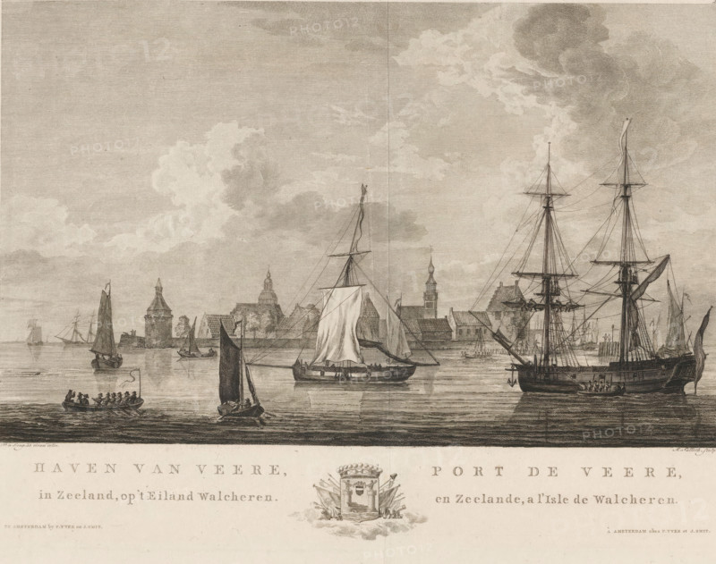 Harbour of Veere, in Zeeland, on the Island of Walcheren, Port de Veere, en Zeelande, a l'Isle de Walcheren, View of the harbour of Veere, print, View of the harbour of Veere with various boats. In the margin the title in Dutch and French with the coat of arms of the city in the centre. Numbered top right: 24., printmaker: Mathias de Sallieth, after drawing by Dirk de Jong, Veere, publisher: Pieter Yver, Amsterdam, publisher: Johannes Smit (publisher), 1779 - 1787, Mathias de Sallieth, Dirk de Jong, Pieter Yver, Johannes Smit (publisher), printmaker, after drawing by, publisher, paper, etching, engraving, height 284 mm x width 379 mm, A wide waterfront scene rendered in monochrome shows numerous sailing vessels of varying sizes on calm water, with tall masts, furled and unfurled sails, and visible rigging; small rowboats with seated figures are near the foreground, and a larger ship with detailed spars and anchor occupies the right side; along the shoreline a cluster of buildings with ...