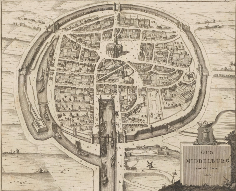 Old Middelburg of the Year 1400, Map of Middelburg, ca. 1400, print, book illustration, Map of Middelburg in bird's-eye perspective, as it would have looked around 1400. Bottom right the title with the city's coat of arms above it. Top right numbered: Page 420., printmaker: Johannes Meertens (possibly), Middelburg, publisher: Abraham van Someren (possibly), Amsterdam, 1696, paper, etching, height 275 mm x width 339 mm, Current state of print also used in: Smallegange, Mattheus. Nieuwe Cronyk van Zeeland (…). Middelburg and Amsterdam: Johannes Meertens and Abraham van Someren, 1696. Later state of print (without numbering in the upper right) also used in: Aa, Pieter van der. La galerie agreable du monde, 66 volumes. Leiden: Pieter van der Aa, 1728, vol. 20., coat of arms (as symbol of the state, etc.) (city, municipal), maps of cities, An aerial bird's-eye engraving of a walled coastal town with concentric defensive walls and water-filled moats, showing a central square with a large chu...