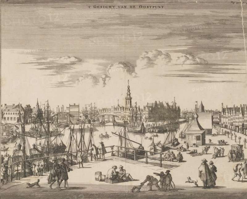 t Gesight van de Oostpunt, View of the harbor and city of Middelburg, print, book illustration, seen from the Point. Title at the top center. Numbered at the top right: Page 422 No. 4., printmaker: Jan Luyken, Amsterdam, printmaker: Johannes Meertens (possibly), Middelburg, publisher: Abraham van Someren (possibly), 1696, paper, etching, engraving, height 268 mm x width 336 mm, Current state of print also used in: Smallegange, Mattheus. Nieuwe Cronyk van Zeeland (…). Middelburg and Amsterdam: Johannes Meertens and Abraham van Someren, 1696. Later state of print (without numbering in the upper right) also used in: Aa, Pieter van der. La galerie agreable du monde, 66 volumes. Leiden: Pieter van der Aa, 1728, vol. 20., harbour, prospect of city, town panorama, silhouette of city, quay, A wide harbor scene rendered in a monochrome etching style showing a dock crowded with sailing ships and small boats, masts and rigging densely visible across the water. A central channel runs between quays...