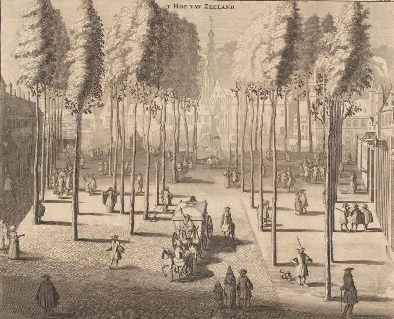 The Court of Zeeland in Middelburg, 't Hof van Zeeland, print, book illustration, View of the Court of Zeeland in Middelburg. The Court of Zeeland was housed in the buildings of the former abbey on the Abdijplein. In the background the abbey tower (Lange Jan), the Nieuwe Kerk and the Koorkerk. On the square a carriage and several people walking among the trees. The title is in the upper center. Numbered top right: Page 424., printmaker: Johannes Meertens (possibly), Middelburg, publisher: Abraham van Someren (possibly), Amsterdam, 1696, Johannes Meertens, Abraham van Someren, printmaker, publisher, paper, etching, engraving, height 276 mm x width 337 mm, Current state of print also used in: Smallegange, Mattheus. New Chronicle of Zeeland (…). Middelburg and Amsterdam: Johannes Meertens and Abraham van Someren, 1696. Later state of print (without numbering in the upper right) also used in: Aa, Pieter van der. La galerie agreable du monde, 66 volumes. Leiden: Pieter van der Aa, 1728, vol...