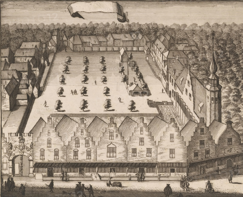 View of the Saint Sebastian's Archery Range in Middelburg, print, View of the Saint Sebastian's Archery Range - also known as the archery court of the Noble Handbow - in Middelburg., in or before 1696, printmaker, paper, etching, engraving, height 136 mm x width 167 mm, A detailed ink etching shows a large rectangular courtyard lined with small evenly spaced trees and surrounded by buildings with steep gabled roofs and rows of windows, a long covered arcade along the front of the main façade, a tall tower with a bulbous spire on the right, and densely shaded trees beyond the rear boundary; tiny figures are scattered across the courtyard and along the street in front, some standing in groups and others walking, with a few small tents or stalls visible near the courtyard side, ornate decorative rooflines and patterned roof tiles on several buildings, and a suspended blank banner shape in the sky above.