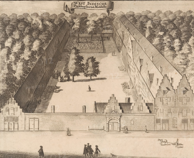 West Indian Warehouses in Middelburg, View of the West Indian Warehouses in Middelburg, print, book illustration, View of the West Indian Warehouses on the Kousteensedijk in Middelburg., publisher: Johannes Meertens (possibly), Middelburg, publisher: Abraham van Someren (possibly), Amsterdam, 1696, printmaker, paper, etching, engraving, height 136 mm x width 165 mm, A bird's-eye view of a rectilinear courtyard bordered by tall buildings and high walls, with rows of trees and a central garden area containing geometric planting beds and a small pavilion, several scattered figures walking or standing within the courtyard and along the street, a group of barrels and a few people near trees, carriages or wheel-mounted objects leaning against the long building, stepped gable façades and an arched gateway in the foreground, dense trees forming a backdrop behind the walls, and a person driving a horse-drawn cart on the street below.
