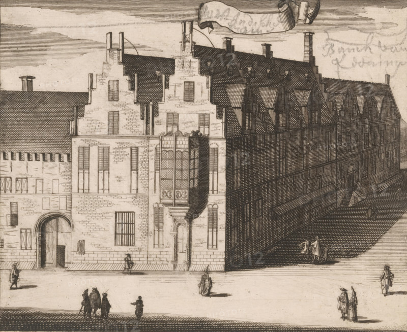 View of the West India House in Middelburg, print, View of the West India House, the office of the WIC Chamber Zeeland, on the corner of Lange Delft and Sint Janstraat in Middelburg., inscription: 'West-Indische Kamer', inscription: 'Banck van Leeninge', in or before 1696, printmaker, paper, pencil, etching, engraving, etching and engraving with pencil, proof print, height 137 mm x width 167 mm, A detailed engraving of a large stone building with stepped gables and a tiled roof, showing numerous tall rectangular windows and an ornate projecting bay window with decorative panels, adjacent to a darker half-timbered structure with closely spaced dormer windows and steep rooflines; the foreground shows a wide paved square with small groups of walking figures and a few solitary pedestrians casting shadows, while the sky above is filled with fine horizontal hatch lines and a ribbon-like banner near the roofline.