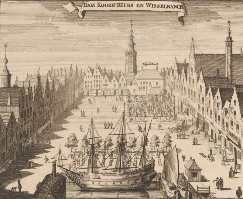 Dam Corn Exchange and Exchange Bank, View of the Dam in Middelburg, print, book illustration, View of the Dam in Middelburg with the Corn Exchange in the background on the square to the right and the Exchange Bank behind it. In the middle in the background the Lange Jan (Abbey Tower)., publisher: Johannes Meertens (possibly), Middelburg, publisher: Abraham van Someren (possibly), Amsterdam, 1696, printmaker, paper, etching, engraving, height 136 mm x width 166 mm, A detailed ink engraving showing a waterfront scene with multiple sailing ships moored along a quay, their masts, rigging, and sails drawn with fine lines; a broad open paved area behind the ships populated by numerous small figures walking and standing in groups; rows of tall narrow gabled buildings flanking the square on both sides with stepped rooflines and many windows; a central tower with a spire rising above the surrounding buildings; market stalls or booths and aligned trees in the square where people congregate; smal...