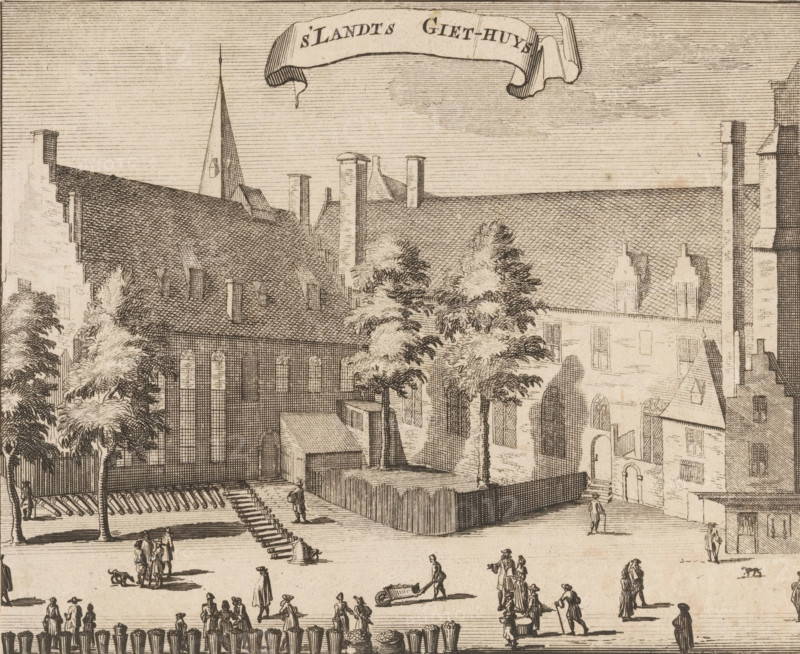 View of the State Artillery Foundry in Middelburg, 's Landts Giet-huys, print, book illustration, View of the State Artillery Foundry in Middelburg. On the left, in the square in front of the foundry, cannons, a bell, and cannonballs., publisher: Johannes Meertens (possibly), Middelburg, publisher: Abraham van Someren (possibly), Amsterdam, 1696, Johannes Meertens, Abraham van Someren, printmaker, publisher, paper, etching, engraving, height 135 mm x width 166 mm, A sepia-toned engraving shows a row of large buildings with steep tiled roofs, multiple chimneys, tall narrow windows, and arched doorways, with a tall pointed steeple rising behind them; trees with finely etched foliage stand in front of one building surrounded by a low fence and a small enclosed square with a rectangular structure; in the foreground a paved open area contains scattered people in period clothing engaged in walking and talking, a man pushing a wheelbarrow, small groups gathered, and a dog, while wooden posts ...