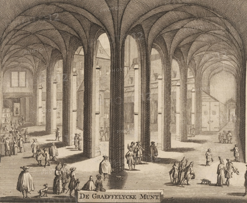 The Count's Mint, View of the Count's Mint in the Abbey at Middelburg, print, book illustration, View of the Count's Mint (where the coins were minted) in the Abbey at Middelburg., publisher: Johannes Meertens (possibly), Middelburg, publisher: Abraham van Someren (possibly), Amsterdam, 1696, Johannes Meertens, Abraham van Someren, printmaker, publisher, paper, etching, engraving, height 137 mm x width 164 mm, A wide vaulted interior with rows of tall columns and ribbed arches forming a patterned ceiling, rendered in fine line work; numerous small figures in period clothing populate the floor, walking, standing, and conversing in small groups, some accompanied by dogs; architectural details of windows, doorways, and exterior building facades are visible through the arches, with stairs and platforms at varying levels; shading is achieved through dense crosshatching and parallel lines creating light and shadow across the floor and columns.