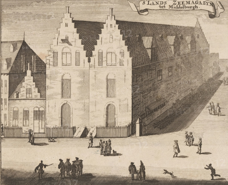 View of the National Naval Storehouse in Middelburg, National Naval Storehouse Middelburg, print, book illustration, View of the National Naval Storehouse in Middelburg. Various figures on the street., publisher: Johannes Meertens (possibly), Middelburg, publisher: Abraham van Someren (possibly), Amsterdam, 1696, printmaker, paper, etching, engraving, height 135 mm x width 168 mm, An engraving of a large stepped-gable building with a steep roof and rows of windows along its long side, rendered in fine crosshatching; a tall fence with pointed pickets runs in front of the building, with a central gated opening and sloped wooden ramps; small groups of people in period dress stand and walk in the open area before the fence, including clusters of figures conversing, solitary walkers, and a few figures interacting with small dogs; along the street beside the building a narrow shadowed passageway leads toward the distance where more tiny figures are visible; decorative rooflines, chimneys, an...