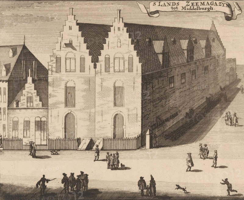 View of the National Naval Storehouse in Middelburg, National Naval Storehouse Middelburg, print, book illustration, View of the National Naval Storehouse in Middelburg. Various figures on the street., publisher: Johannes Meertens (possibly), Middelburg, publisher: Abraham van Someren (possibly), Amsterdam, 1696, printmaker, paper, etching, engraving, height 136 mm x width 165 mm, A detailed engraved scene of a row of tall brick buildings with stepped gables and arched doorways, one building showing a pitched roof with multiple dormer windows and chimneys, and a fenced area with a sloped ramp leading to a large doorway; many small groups of people in period dress are walking or standing in the open paved foreground, some in clusters and some alone, with a small dog running and other dogs near people, and long horizontal lines shading the sky and ground.