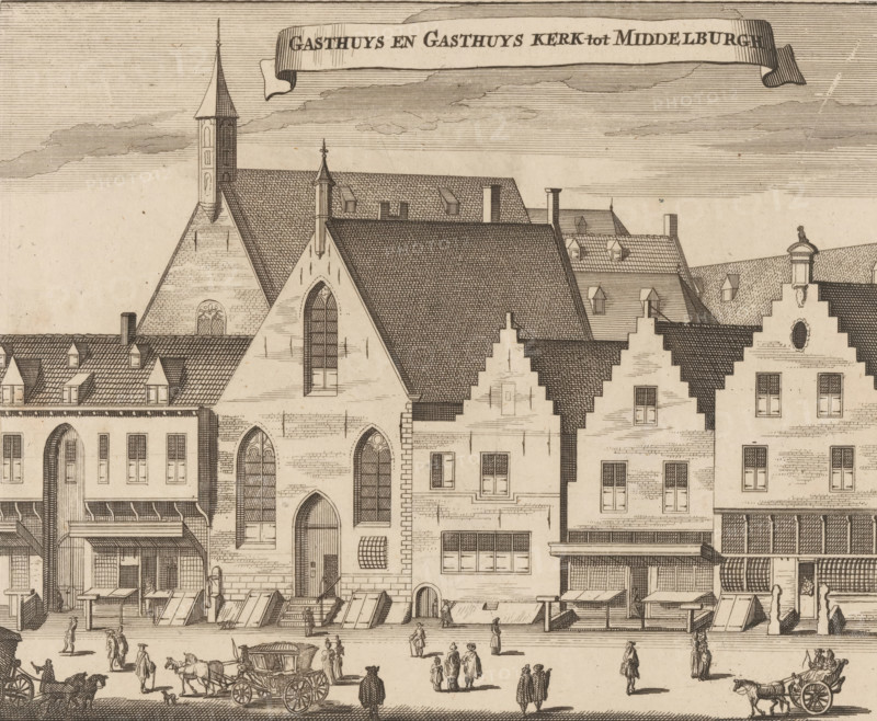 View of the Gasthuis and the Gasthuiskerk in Middelburg, Gasthuys and Gasthuys Kerk tot Middelburgh, print, book illustration, View of the Gasthuis and the Gasthuiskerk located behind it in Middelburg., publisher: Johannes Meertens (possibly), Middelburg, publisher: Abraham van Someren (possibly), Amsterdam, 1696, printmaker, paper, etching, engraving, height 136 mm x width 166 mm, A linear ink drawing of a street scene showing tall stepped and pitched roof buildings with detailed roof tiles and dormer windows, a church facade with arched stained glass windows and a tall narrow tower, market stalls and awnings along the building fronts, small human figures walking and standing in the street, horse-drawn carriages and horses, cobbled pavement, decorative gables and chimneys, finely hatched clouds in the sky and a ribbon-like banner across the top.