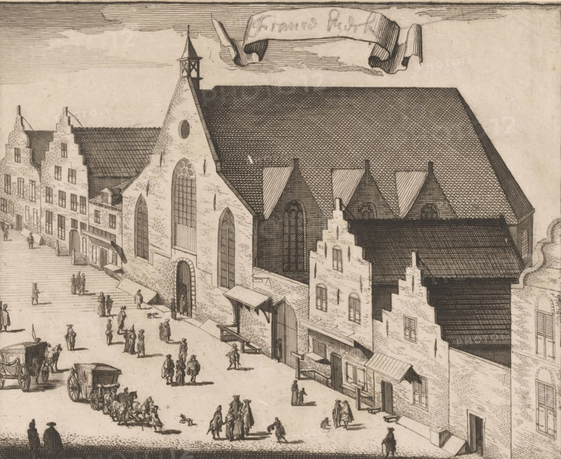 View of the Walloon Church in Middelburg, print, View of the Walloon Church in the Sint Pieterstraat in Middelburg., inscription: 'France Church', in or before 1696, printmaker, paper, pencil, etching, engraving, etching and engraving with pencil, proof, height 136 mm x width 167mm, An engraving of a street scene dominated by a large stone church with steep tiled roofs, pointed arched windows, a circular window, and a small belfry atop a gable, flanked by rows of stepped gable buildings with rectangular windows and doorways; awnings and small shopfronts line the ground level and market stalls project from the walls, while numerous small figures in period dress walk, converse, and stand along the wide street amid horse-drawn carriages and wagons, and a banner-like scroll floats in the sky above the buildings.