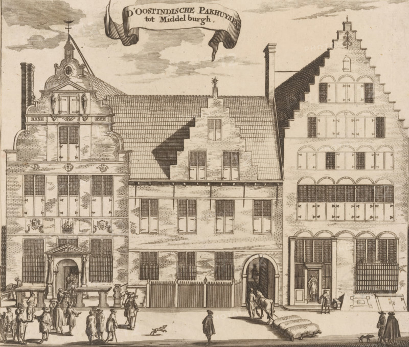 The East India Warehouses in Middelburg, View of the East India Warehouses in Middelburg, print, book illustration, with various figures on the street., publisher: Johannes Meertens (possibly), Middelburg, publisher: Abraham van Someren (possibly), Amsterdam, 1696, printmaker, paper, etching, engraving, height 142 mm x width 168 mm, A detailed ink engraving showing a row of tall brick buildings with stepped and ornate gabled roofs, tiled roof surfaces, rows of shuttered windows, and decorative stonework. The central building features a gated courtyard entrance with an arched passage and a figure leading a horse through it, flanked by tall barred windows. To the left a grand doorway with columns and a small crowd gathered outside, including people in period clothing walking and standing, some in pairs and some ascending steps. A small dog runs across the street in front of a solitary figure wearing a cloak. On the right a building with multiple tiers of arched window openings and shutte...