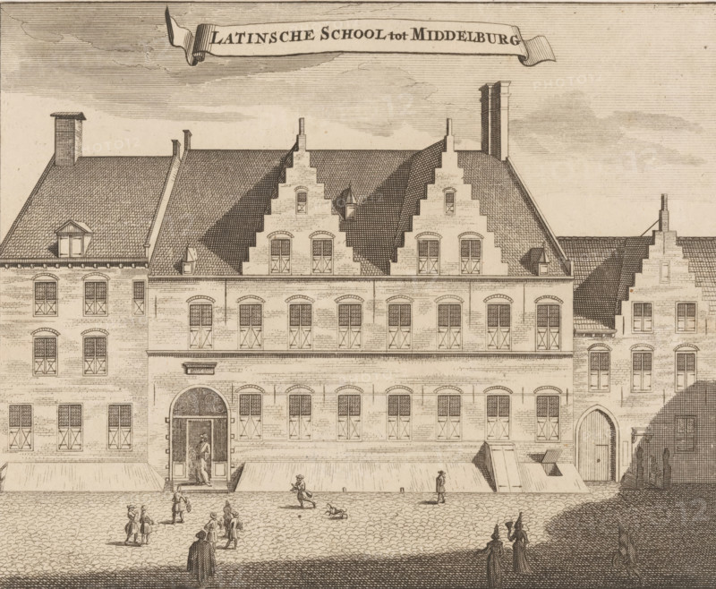 View of the Latin School in Middelburg, Latinsche School tot Middelburg, print, book illustration, with a number of figures on the street., publisher: Johannes Meertens (possibly), Middelburg, publisher: Abraham van Someren (possibly), Amsterdam, 1696, printmaker, paper, etching, engraving, height 136 mm x width 167 mm, A detailed engraving of a large brick building with stepped gables and a tiled roof, featuring many tall, narrow windows with crosshatched shutter patterns and arched lintels; a central arched doorway with ornate detailing shows a standing figure inside the entrance; chimneys and small dormer windows punctuate the roofline; a cobbled courtyard in front contains several small groups of people in period dress walking, standing, and conversing, with one figure seated on the ground and another carrying an object; a sloped ramp and a recessed doorway appear on the right side, and shaded trees or foliage frame the lower right corner.