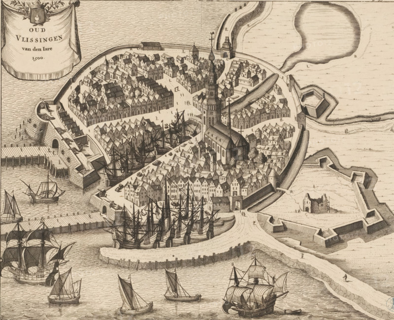 Old Vlissingen of the Year 1500, Map of Vlissingen, 1500, print, book illustration, Bird's-eye view map of Vlissingen, as it would have looked around 1500. In the upper left a cartouche with the title and the city's coat of arms. Cut off within the plate margin so numbering in the upper right only partially visible Page 556., printmaker: Johannes Meertens (possibly), Middelburg, publisher: Abraham van Someren (possibly), Amsterdam, 1696, paper, etching, engraving, height 275 mm x width 337 mm, Current state of print also used in: Smallegange, Mattheus. Nieuwe Cronyk van Zeeland (…). Middelburg and Amsterdam: Johannes Meertens and Abraham van Someren, 1696. Later state of print (without numbering in the upper right) also used in: Aa, Pieter van der. La galerie agreable du monde, 66 volumes. Leiden: Pieter van der Aa, 1728, vol. 21., coat of arms (as symbol of the state, etc.) (city, municipal), maps of cities, Flushing, A detailed aerial view of a walled coastal town with densely packed...