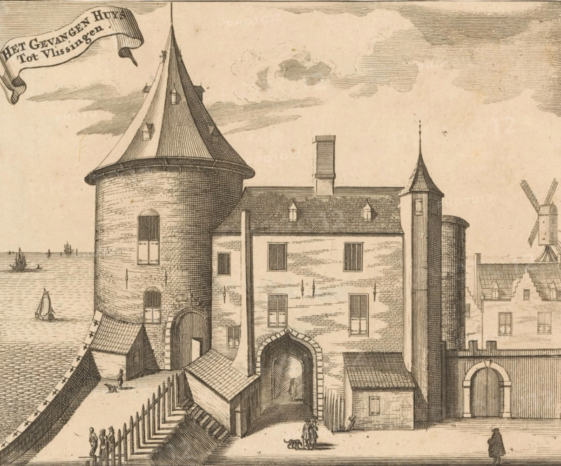 View of the Stock Exchange in Vlissingen, The Stock Exchange in Vlissingen, print, book illustration, View of the Stock Exchange in Vlissingen (right). Above right of the center a banner with the title., printmaker: Johannes Meertens (possibly), Middelburg, publisher: Abraham van Someren (possibly), Amsterdam, 1696, paper, etching, engraving, height 137 mm x width 169 mm, A detailed ink drawing of a waterfront fortress section with towers and attached buildings, showing textured brickwork, arched gateways, narrow windows with shutters, and steep conical roofs with small dormers and finials; a tall chimney rises from a tiled roof, and a cylindrical silo-like structure adjoins a turret; a windmill with angled sails appears at the far right over rooftops; the sea with small sailing boats is visible beyond the fortifications; a sloped ramp and wooden fences run along the water, with a few small human figures and dogs walking near the gates and along the promenade; the sky is filled with fi...