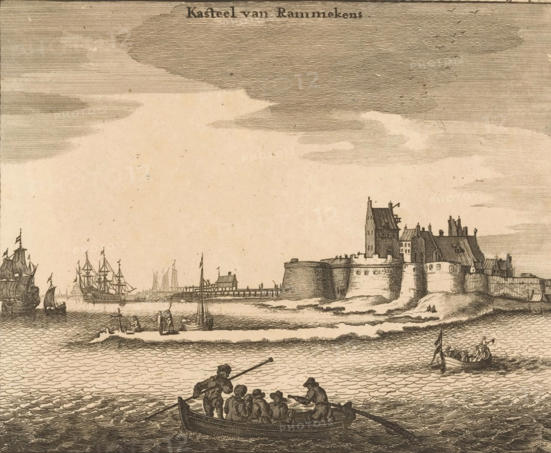 View of Fort Rammekens, Rammekens Castle, print, book illustration, seen from the Western Scheldt. Cut within the plate margin so numbering in the upper right is only partially visible Page 670. No. 1., after print by Pieter Hendricksz. Schut, publisher: Johannes Meertens (possibly), Middelburg, publisher: Abraham van Someren (possibly), Amsterdam, 1696, Pieter Hendricksz. Schut, printmaker, after print by, paper, etching, height 136 mm x width 166 mm, A sepia-toned detailed engraving shows a waterfront scene with multiple sailing ships at anchor and a fortified castle-like building on the shore with ramparts and clustered rooftops. In the foreground a small rowboat carries several seated figures while two standing figures handle oars, and another small boat with people and a flag is visible near the right edge. The water is depicted with fine horizontal waves, a low shoreline with a narrow pier and tiny structures sits between the ships and the castle, and the sky is filled with close...