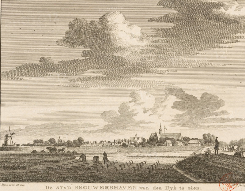 View of Brouwershaven, seen from the dike, 1745, The city of Brouwershaven seen from the Dike, print, book illustration, in the situation around 1745., printmaker: Hendrik Spilman, Haarlem, after drawing by Cornelis Pronk, 1754 - 1792, paper, etching, height 156 mm x width 202 mm, Print also used in: Het verheerlykt Nederland of kabinet van hedendaagsche gezigten van steden, dorpen (…). 9 volumes. Amsterdam: Isaak Tirion and widow Isaak Tirion, 1745-1774, vol. 5 (1754), ill. 69-72. Or in: Dutch Scenes, or a refined collection of nine hundred fine views of cities, villages, castles, antiquities ..... 9 volumes. Amsterdam: Jan de Groot, 1792, ill. 69-72., prospect of city, town panorama, silhouette of city, dikes, levee, Brouwershaven, A wide landscape scene rendered in fine line work showing a large sky filled with layered clouds and scattered small birds, a distant town with clustered buildings and a prominent church with a tower and flag, fields and waterways in the foreground with fi...