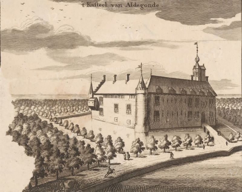 t Kasteel van Aldegonde, View of Aldegonde Castle, print, book illustration, View of Aldegonde Castle in West-Souburg on Walcheren., publisher: Johannes Meertens (possibly), Middelburg, publisher: Abraham van Someren (possibly), Amsterdam, 1696, printmaker, paper, etching, engraving, height 132 mm x width 164 mm, An etching of a large castle-like building with steep roofs, turrets, and a tall spire topped by a flag, set beside a body of water with a bridge leading to an entrance; rows of trees and gardens surround the building, with pathways and small groups of walking figures; a lone mounted rider is visible near the water's edge; the sky is filled with lined cloud patterns and scattered birds.